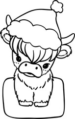 Christmas Highland cow with santa hat outline