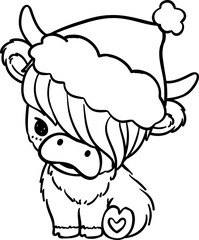 Christmas Highland cow with santa hat outline