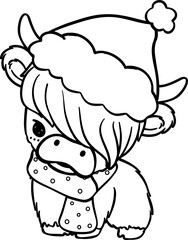 Christmas Highland cow with santa hat outline