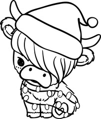Christmas Highland cow with santa hat outline