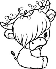 Christmas Highland cow with santa hat outline