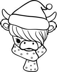 Christmas Highland cow face outline