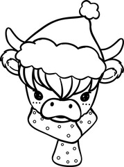 Christmas Highland cow face outline
