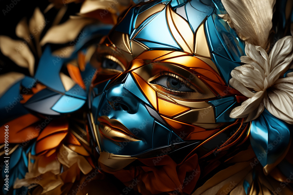 Poster an abstract photography composition capturing the play of light and shadow on a geometric mask.