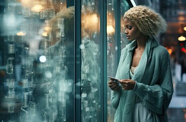 Stylish woman with curly blonde hair checking her credit card amidst reflective urban lights.