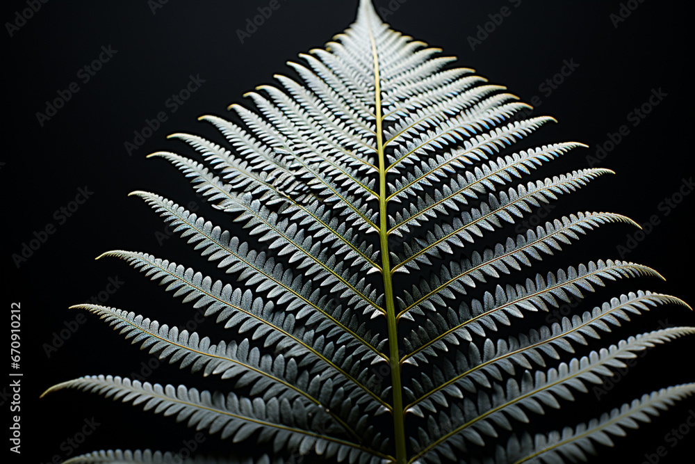 Poster a minimalist black and white photograph of a fern frond with its intricate patterns and structures e