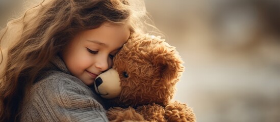 Girl embraces a plush brown toy