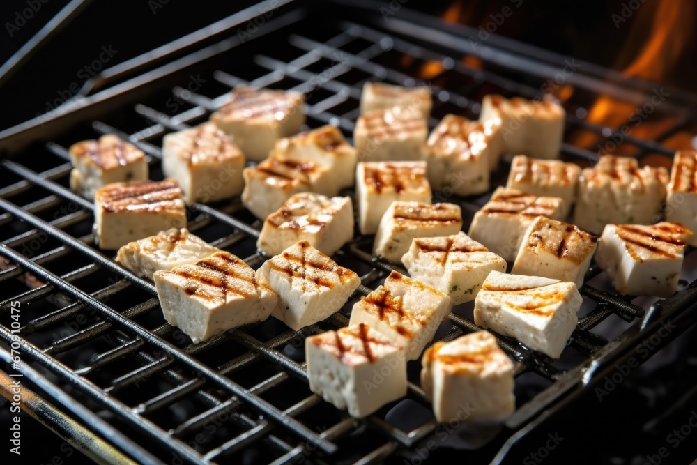 Canvas Prints diced tofu in a grill basket over direct heat