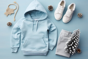 Children's warm blue hoodie, pants and sneakers on a blue background. Clothes for the cold season. Top view, flat lay. Athleisure style