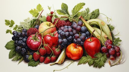 Illustration of various fruits and vegetables in colorful watercolors