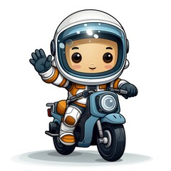 Cute Astronaut Waving Hand Scooter , Cartoon, Icon Illustration