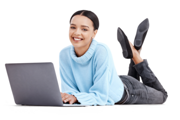 Laptop, relax and portrait of woman online for website on isolated, png and transparent background. Student, digital learning and happy female person on computer for research, project and internet