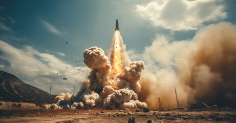 Missile ascends from its pad, trailing smoke, signaling tension and impending doom. - obrazy, fototapety, plakaty