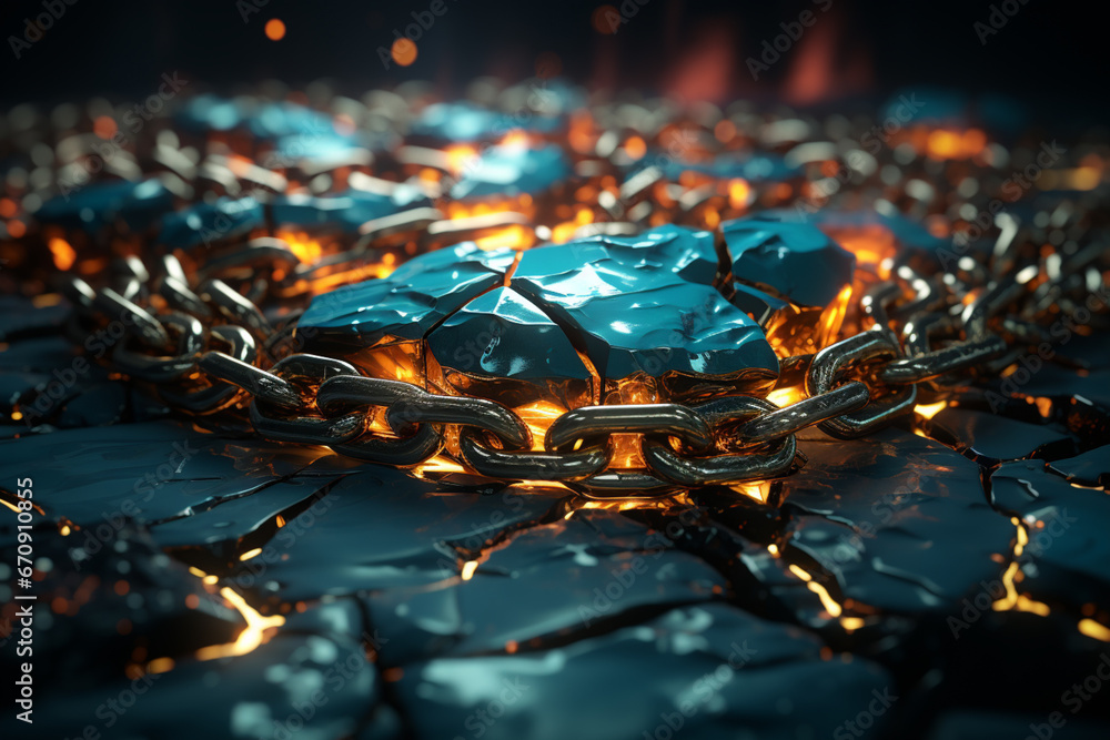 Poster abstract concept of a broken block chain.