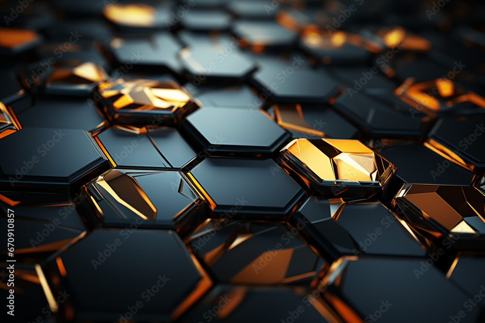 Poster luxury hexagonal abstract black metal background with golden light lines.