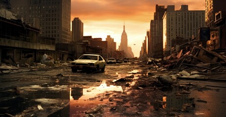 Fototapeta premium New York's iconic skyline, eerily silent post-fallout, echoing nuclear despair.