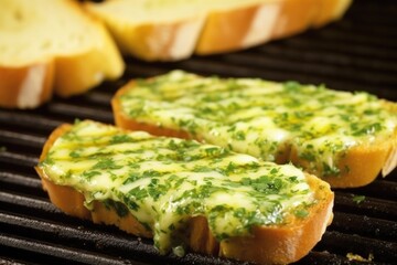close-up of garlic herb butter melting on freshly grilled bread