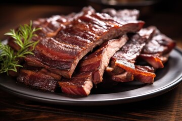 close-up of hickory smoked ribs on a ceramic plate