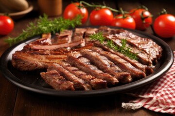 chopped ribs with grill marks on stoneware plate
