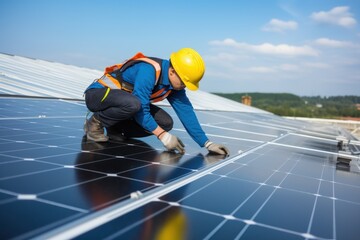 Installing solar panels on the roof of a small house. African American male engineer install and connect a solar panel system. Green energy and energy saving.