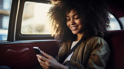 Happy woman in the back seat using a smartphone. Concept of technology, business, transportation.