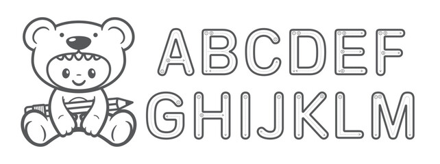 Vector learning for children, coloring pages with instructions on how to write alphabet characters (A-M). Picture of a little boy in a teddy bear costume holding a big pencil. Isolated on white backgr © Jan