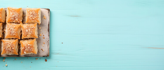 baklava imagery in a minimalistic photographic approach, top view, with blue background, artistic arrangement and ambiance, with empty copy space 