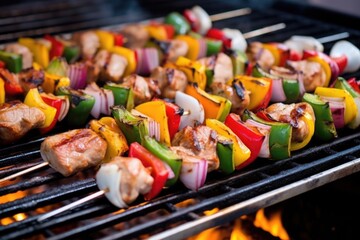 turkish shish kebabs lined on a massive outdoor grill