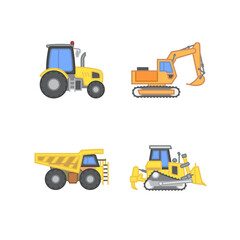 Heavy machinery icon set contains icons such as a dump truck, tractor, bulldozer, and excavator. Editable stroke	

