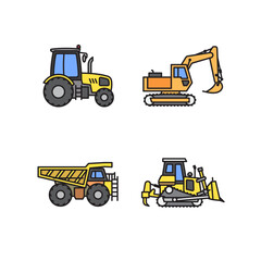Heavy machinery icon set contains icons such as a dump truck, tractor, bulldozer, and excavator. Editable stroke	
