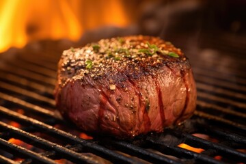 single filet resting on a grill with visible char marks