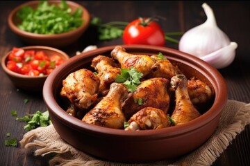 chicken drumsticks marinated in jerk sauce in a bowl - obrazy, fototapety, plakaty
