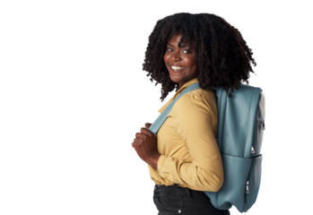 Portrait, student and black woman with backpack with smile in png or transparent or isolated background. University, girl and bag for college with happiness or confidence for education or study.