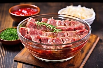 Fototapeta premium raw ribs marinated with thick sauce in a glass bowl