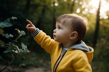 Child explore nature. Happy travel search fun play. Generate Ai