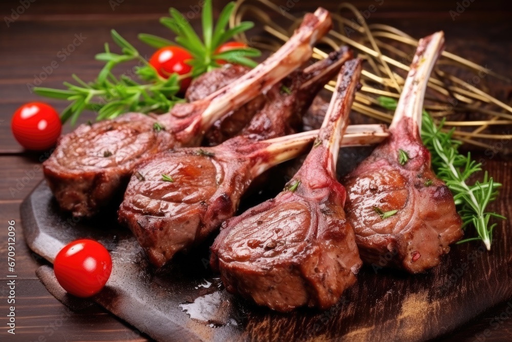 Sticker lamb chops with grill marks coated with a sticky glaze