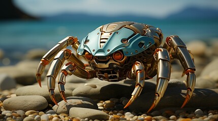 AI illustration of a vibrant robotic crab crawling on a sandy beach - obrazy, fototapety, plakaty
