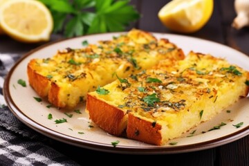 closeup of golden-brown grilled garlic bread on a plate