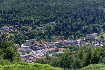 Aerial view of the city of Bad Wildbad in the middle of forest