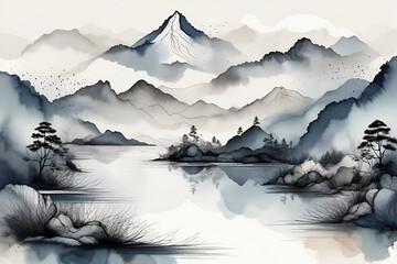 Abstract ink painting mountain and lake landscape background - obrazy, fototapety, plakaty