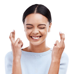 Fingers crossed, hope and woman excited with a smile and isolated in a transparent or png...