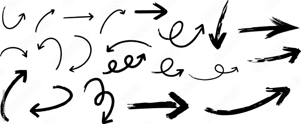 Poster set of vector grunge arrows. set of black hand drawn arrows on a transparent background. hand drawn 