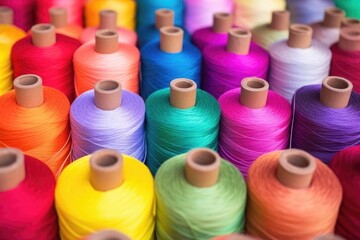 close-up view of dyed thread spools ready for the loom