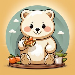 Cute Bear Eating Pizza , Cartoon, Icon Illustration