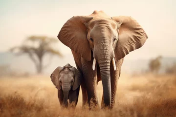 Foto auf Leinwand Adult and young elephants walking in the national park © Aleksandr Bryliaev