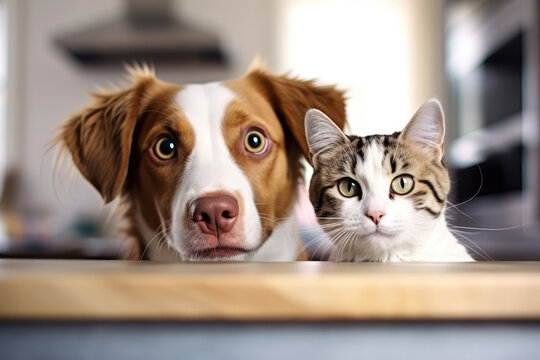 Cat And Dog Sitting And Waiting For Food