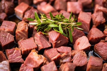 close-up of marinated lamb cubes before grilling