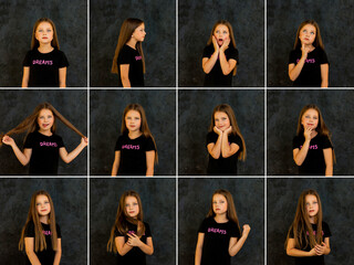 Actress emotions portfolio. Different facial expressions child girl 8 year old posing at dark,...