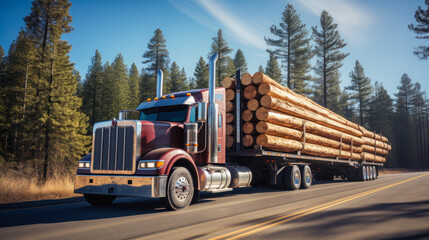 A large American truck carrying long cut logs along the road. Powerful semi-trailer with a specialized trailer. Transport concept, business.