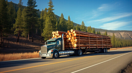 Fototapeta na wymiar A large American truck carrying long cut logs along the road. Powerful semi-trailer with a specialized trailer. Transport concept, business.